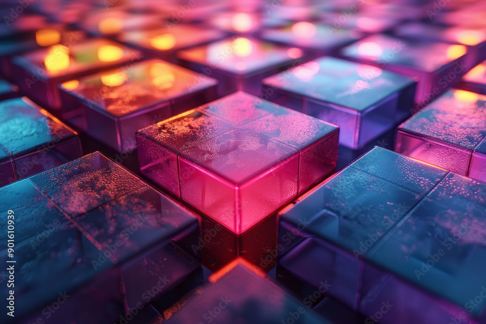 Poster minimalist abstract 3d tiles arranged in a grid, illuminated by soft glowing lights in various color