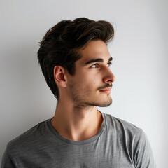 Fototapeta premium a handsome young man in grey shirt looking away standing against plain white wall, portrait of a guy 
