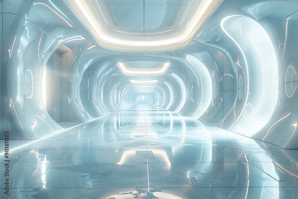 Poster clean depiction of a dynamic environment featuring floating 3d tiles with radiant edges in a futuris