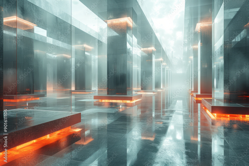 Poster clean depiction of a dynamic environment featuring floating 3d tiles with radiant edges in a futuris