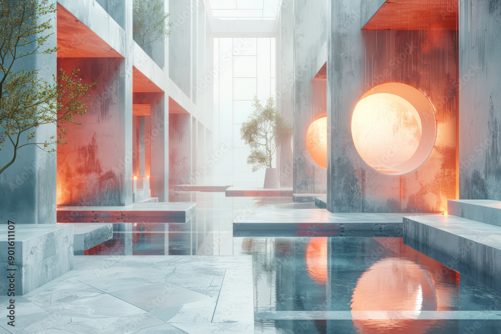 Poster clean depiction of a dynamic environment featuring floating 3d tiles with radiant edges in a futuris