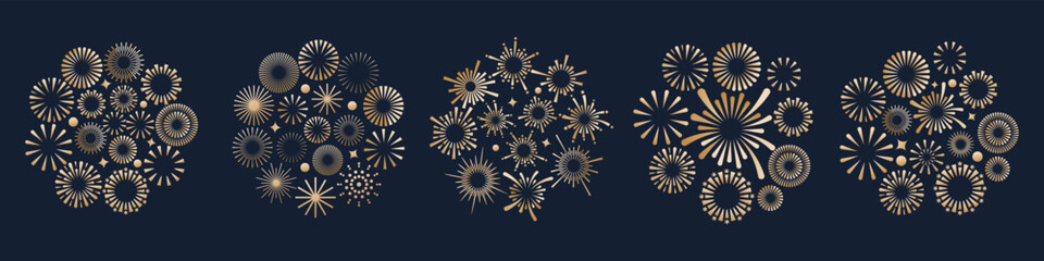Set of creative fireworks explosion logo design vector, round fireworks golden design vector.