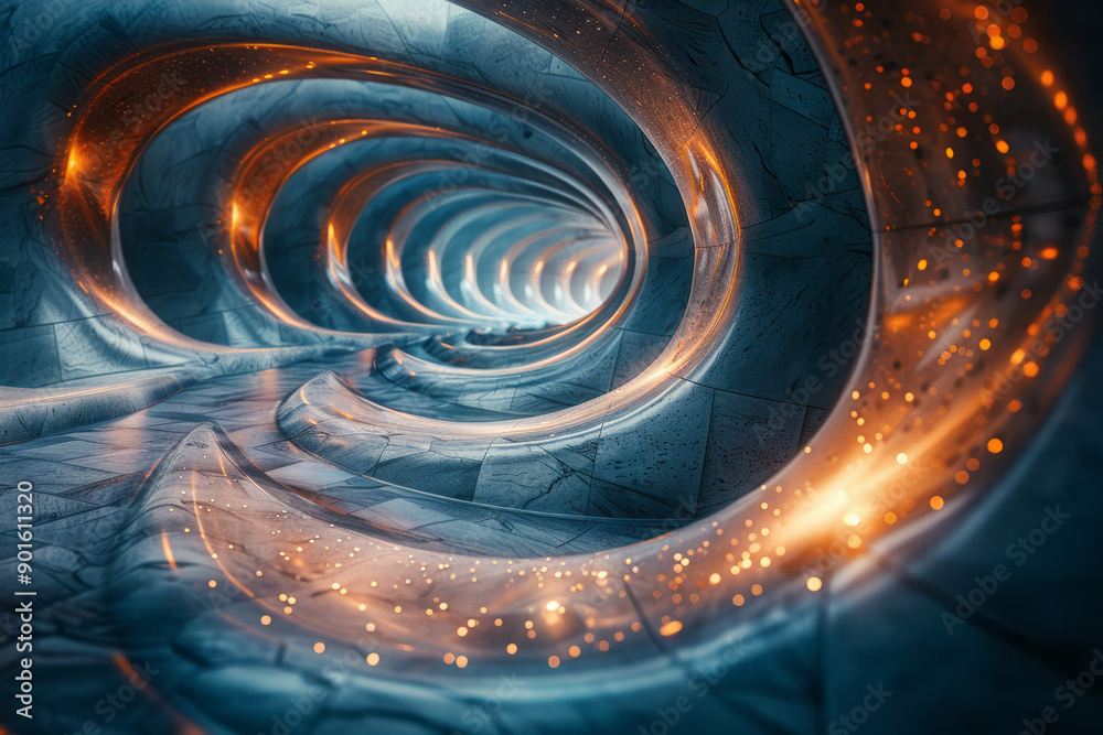 Poster clean and modern image of a spiraling structure made of glowing tiles, creating a mesmerizing visual
