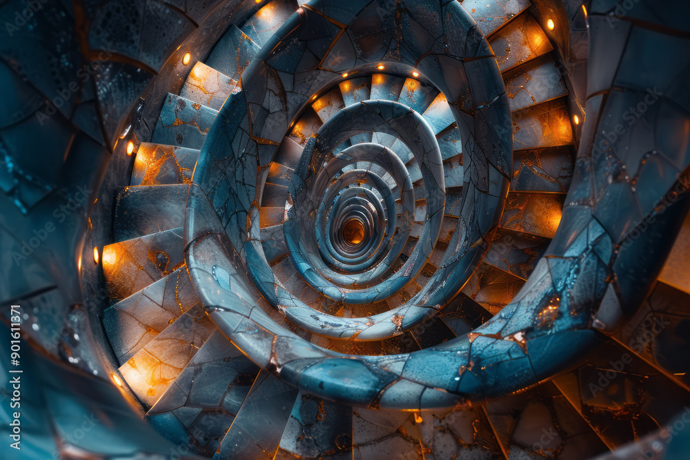 Poster clean and modern image of a spiraling structure made of glowing tiles, creating a mesmerizing visual