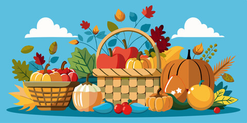 Ilustraci&oacute;n de una cesta con frutas y vegetales de oto&ntilde;o, rodeada de hojas y calabazas en un entorno colorido y festivo.