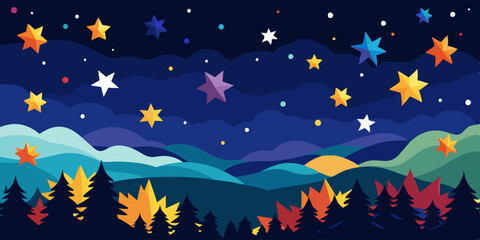 Fototapeta premium Paisaje nocturno con un cielo estrellado lleno de estrellas coloridas sobre montañas y árboles oscuros, creando una escena mágica y tranquila.