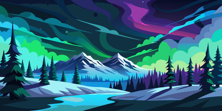 Hermoso paisaje invernal con monta&ntilde;as y auroras boreales iluminando el cielo, rodeado de un denso bosque de pinos nevados.