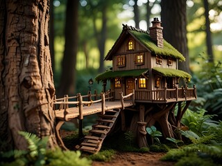 Miniature treehouse village in a cozy and enchanted summer ambience