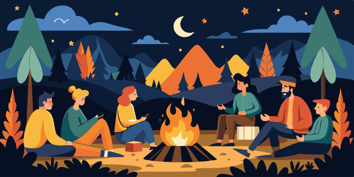  Grupo de amigos reunidos alrededor de una fogata en un campamento nocturno, rodeados de monta&ntilde;as y &aacute;rboles. El cielo estrellado y la luna crean una atm&oacute;sfera acogedora.