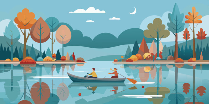  Dos personas remando en un lago rodeado de &aacute;rboles coloridos en oto&ntilde;o, con un cielo despejado y colinas en el horizonte. El paisaje es sereno y pac&iacute;fico.