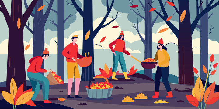 Escena oto&ntilde;al con un grupo de personas recolectando hojas en el bosque. Las hojas caen alrededor mientras llenan canastas con ellas. Los colores c&aacute;lidos crean un ambiente acogedor.