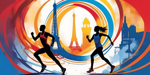 illustration of running athletes against the backdrop of the Eiffel Tower, Olympic games 2024 in Paris, France