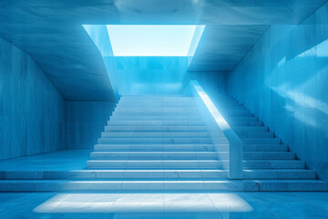 Obraz premium Clean depiction of a staircase made of luminous 3D tiles, leading to an abstract, illuminated space,