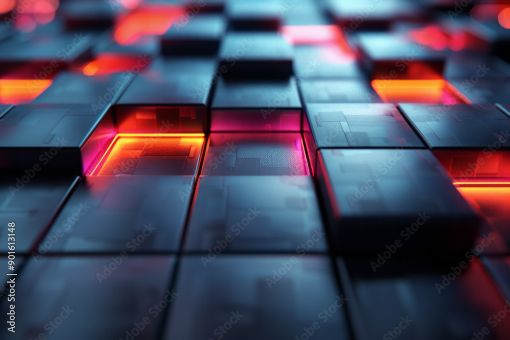 Poster clean image of a 3d tiled surface with pulsating lights that change color in a rhythmic pattern,