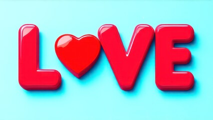 text "love" made of red hearts, on a light background, in vibrant colors, with simple shapes