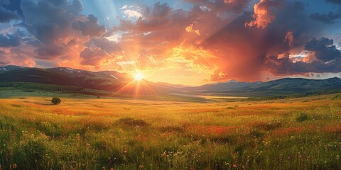 Obraz premium Majestic Sunset Over Mountain Meadow