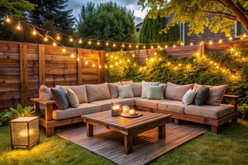 Fototapeta premium Warm and inviting backyard setup with plush sectional sofa, rustic wood coffee table, and ambient string lights, perfect for relaxing and entertaining on a tranquil evening.