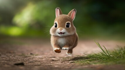A charismatic and smiling rabbit running in the forest