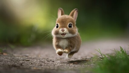 A charismatic and smiling rabbit running in the forest