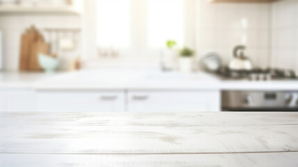 Kitchen table, blurred interior on the background. Brightly lit modern kitchen with wooden countertop and appliances in soft focus