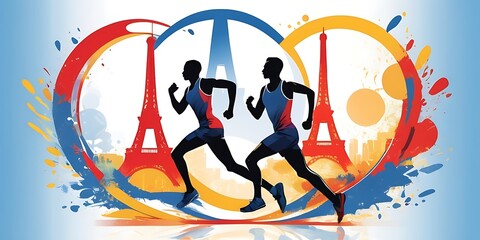 Fototapeta premium illustration of running athletes against the backdrop of the Eiffel Tower, Olympic games 2024 in Paris, France