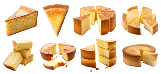 Sponge chiffon butter cake pastry dessert on transparent cutout, PNG file. Many assorted different angles, stack, broken, slice, pile. Mockup template for artwork design