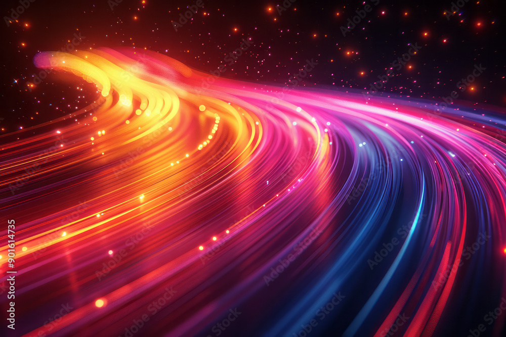 Poster clean image of vibrant light trails that simulate the motion of a comet streaking across a black can