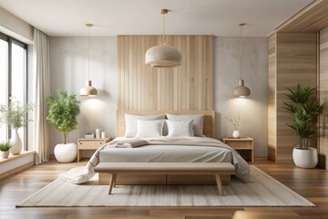 Fototapeta premium Serene Japandi bedroom with white and bleached wood tones, minimal decor, and plush bed cushions, featuring ample copy space for text or graphics overlay.