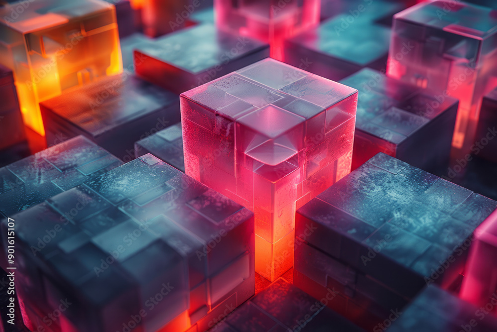 Poster clean depiction of an abstract arrangement of angular blocks with soft red and yellow glows on their