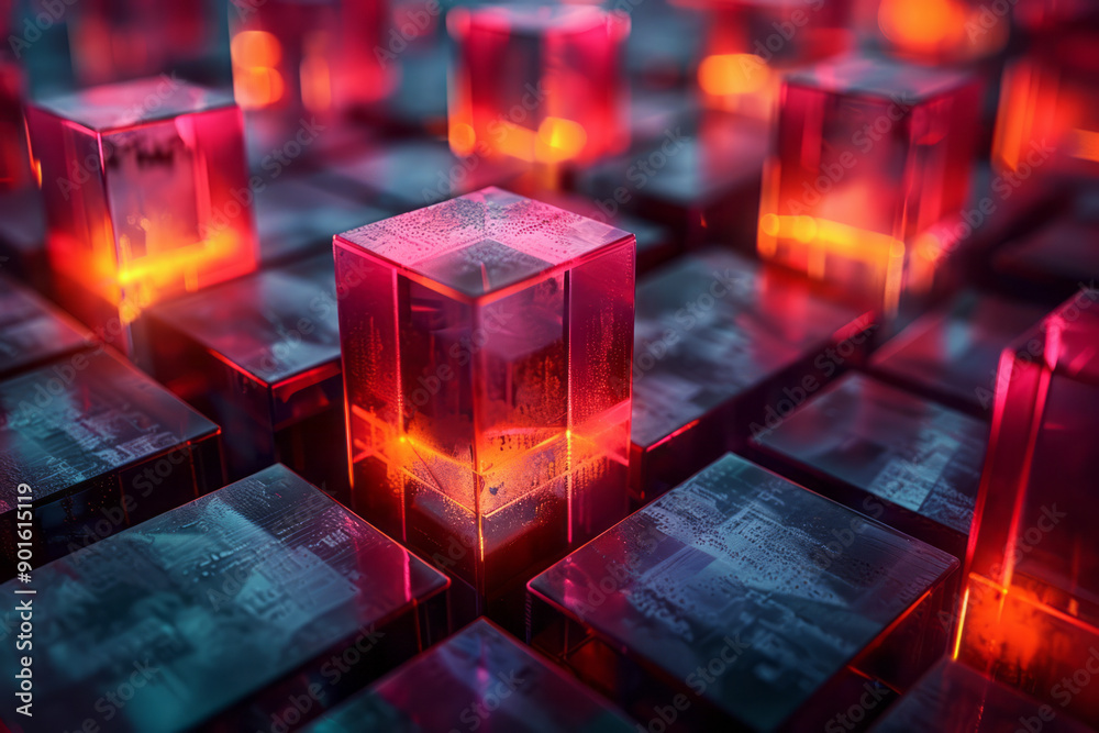 Poster clean depiction of an abstract arrangement of angular blocks with soft red and yellow glows on their