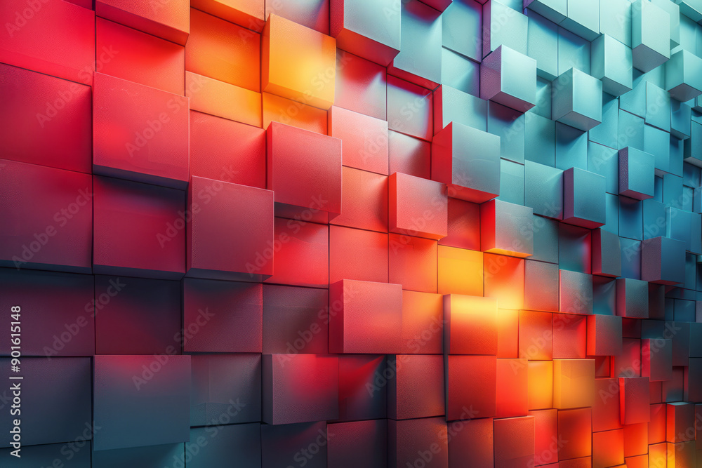 Poster clean depiction of an abstract arrangement of angular blocks with soft red and yellow glows on their