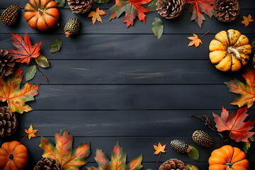 Autumn frame with cute colorful leaves and pumpkins. Thanksgiving and Harvest day trendy black wooden background with beautiful leaves. Fall leaf border with copy space