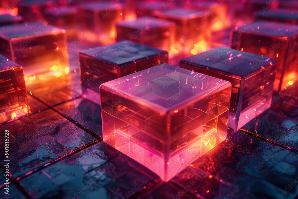 Poster clean image of a 3d grid of geometric blocks, each emitting soft red and yellow glows in various int