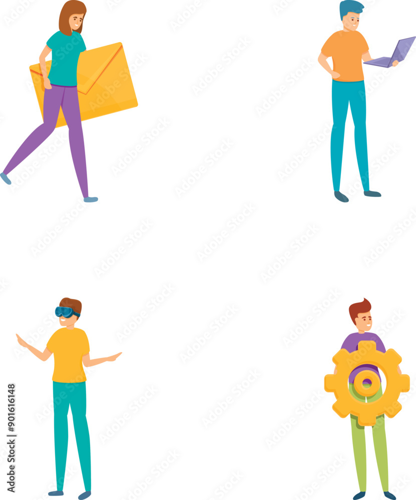 Poster interaction icons set cartoon vector. workflow and job organization. cooperation, interaction at wor