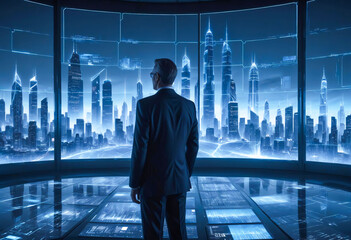 Fototapeta premium Businessman in the office room future business environment.
