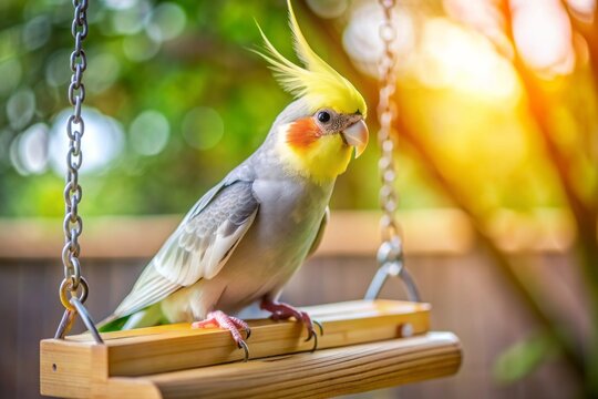 Vibrant yellow gray corella parrot perches on wooden swing in spacious cage with soft focus background, offering ample copy space for text or design elements.