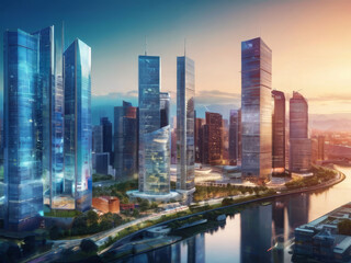 Obraz premium A futuristic cityscape with tall skyscrapers, a canal or river running through the center, sunny sky with clouds