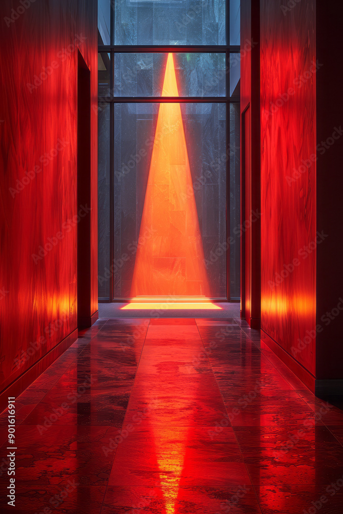 Poster minimalist aesthetic of dark triangular shapes illuminated by dynamic red and yellow light patterns,