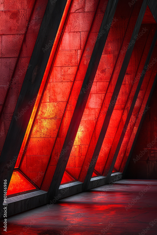 Poster minimalist aesthetic of dark triangular shapes illuminated by dynamic red and yellow light patterns,