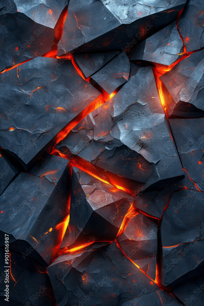 Poster minimalist aesthetic of dark triangular shapes illuminated by dynamic red and yellow light patterns,