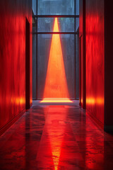 Minimalist aesthetic of dark triangular shapes illuminated by dynamic red and yellow light patterns, producing a captivating display,