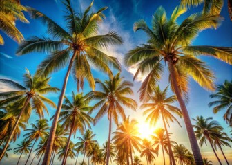 Warm sunlight casts a serene glow on swaying palm trees against a vibrant blue sky, evoking a sense of tropical tranquility and idyllic summer escapes.