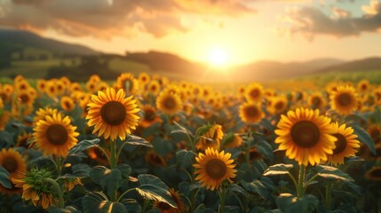 Obraz premium A field of sunflowers in full bloom facing the rising sun with rolling hills in the background.
