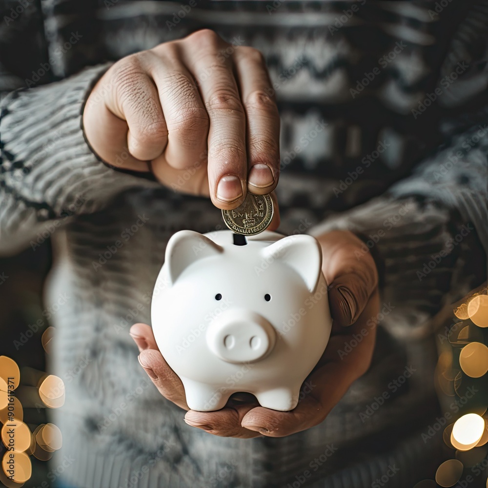 Poster a man holding a white piggy bank while placing a coin into it, conveying the idea of growing wealth 