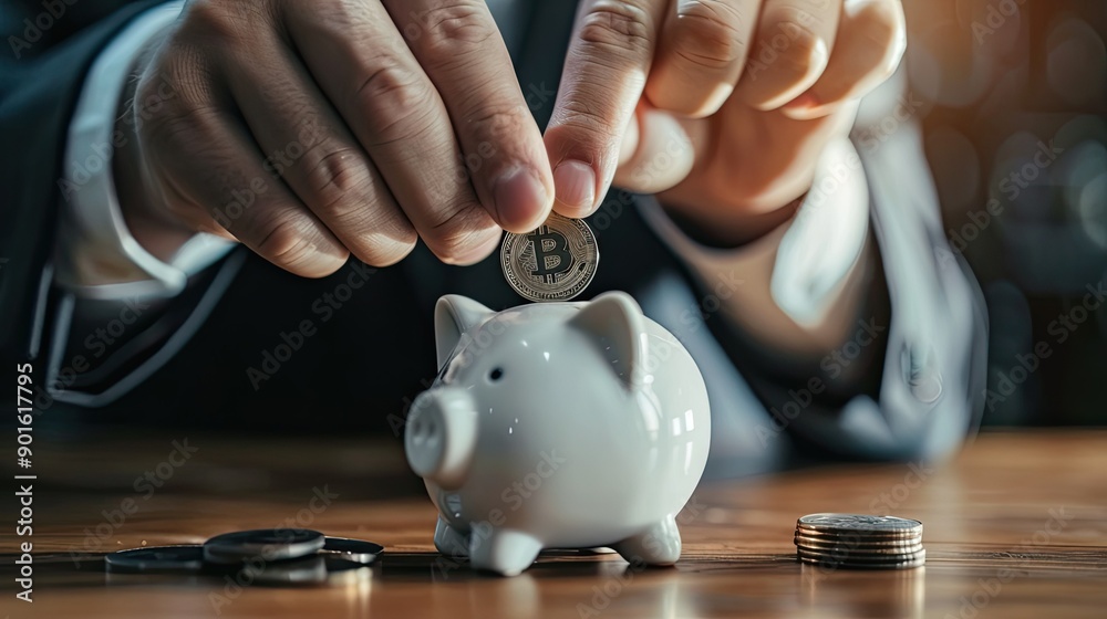 Poster a man in a suit inserting a coin into a white piggy bank on a table, demonstrating strategic savings