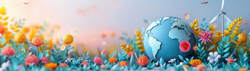 Globe with wind turbine and solar panel minimal icon flat white background digital illustration space for text