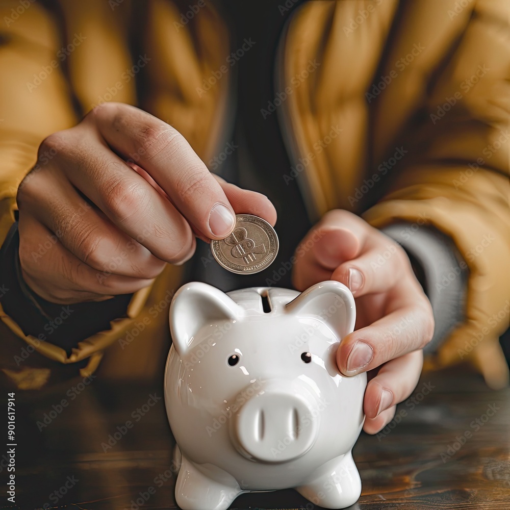 Poster a man in casual attire placing a coin into a white piggy bank, demonstrating the everyday habit of s