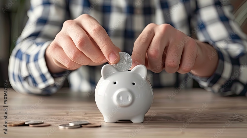 Poster a man in casual attire placing a coin into a white piggy bank, demonstrating the everyday habit of s