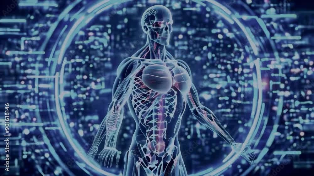 Poster the animation is placed close to the viewer with depth of field around the human body in the center.