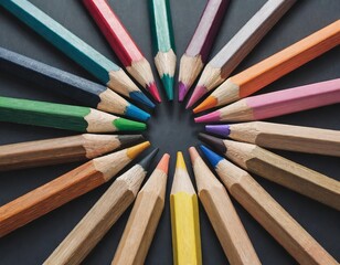 Naklejka premium colored pencil circle crayons facing to middle on black background